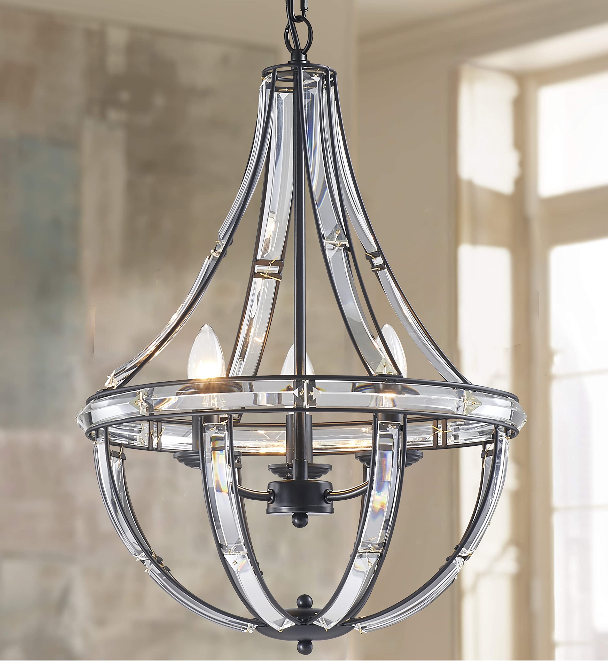 Bestier Black Modern Pendant Chandelier Crystal Lighting Ceiling Light Fixture Lamp for Dining Room Bathroom Bedroom Livingroom entryway 3 E12 Bulbs Required D15.7 in x H22.4 in