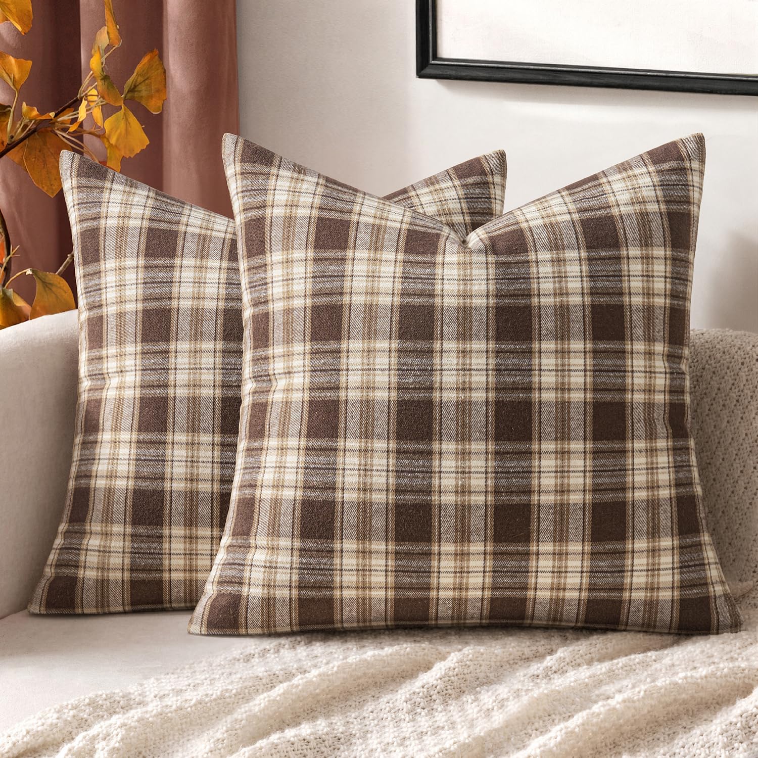 MIULEE Fall Plaid Pillow Covers Scottish Tartan 20x20 Chocolate Brown | Set of 2 Fall Decorations Cushion Covers, Farmhouse Winter Home Decor, for Thanksgiving Sofa Couch Bed Living Room