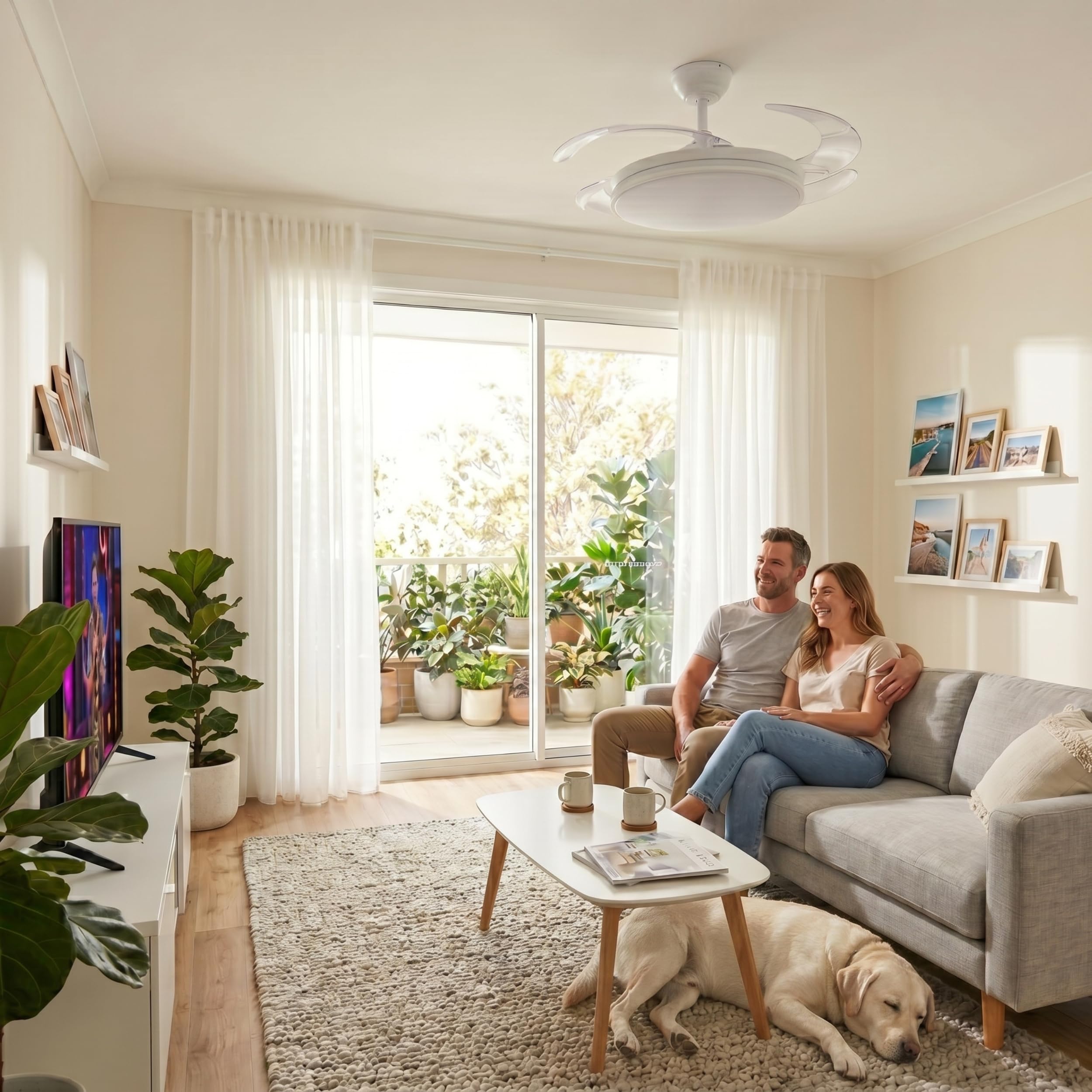 YATEK Rubina Bianco - Ventilatore da soffitto con pale retraibili, motore DC silenzioso, LED 60W 6980 lm regolabile, 6 velocità, telecomando, funzione estate inverno, 107 cm