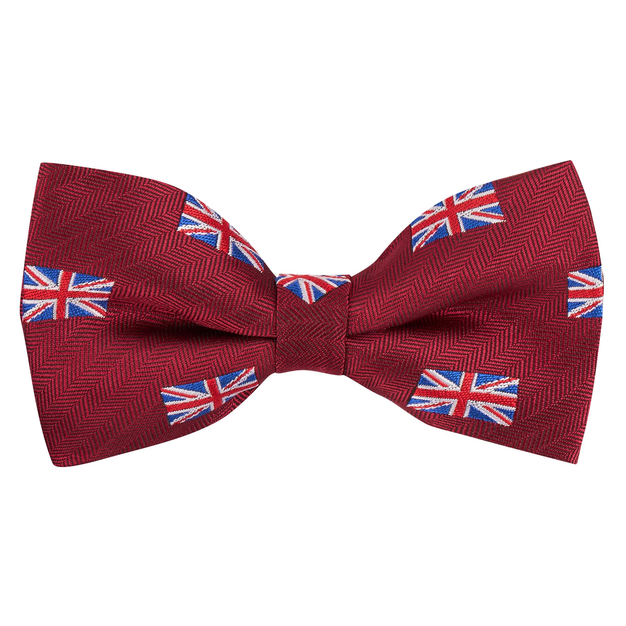 King & Priory Union Jack UK Flag Burgundy Red Herringbone Embroidered Bow Tie