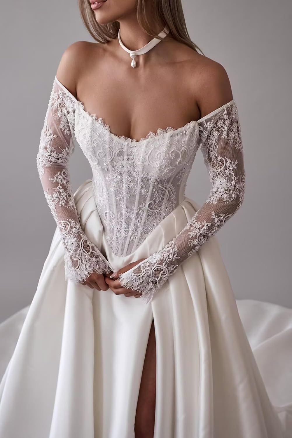 Women's Off Shoulder Long Sleeve Lace Wedding Dress