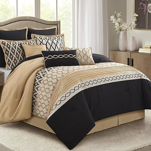 King Size Comforter Set, Black Gold, 10 Piece Bed in a Bag for All Seasons, Luxury Extreme Comfort Bedding Sets with Bedskirt, Pillow Shams, Euro Shams and Decor Pillows
