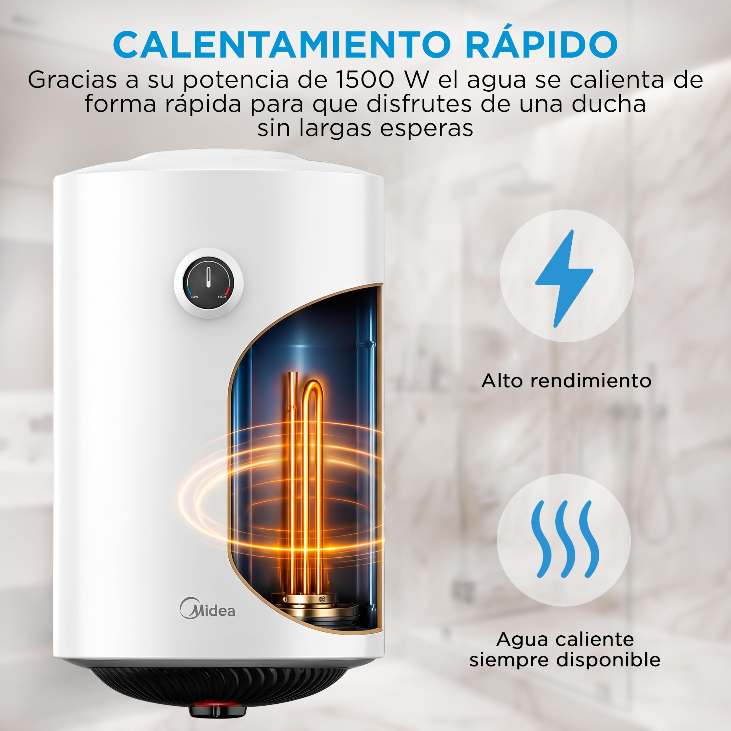 MIDEA Termo Eléctrico 80 litros, 1500 W, 80,5 x 45 cm, Depósito de Titanio | Termostato Ajustable, Kit Instalación, Anticorrosión, Calentador de Agua Eléctrico Vertical con Protección Sobrecalentamiento