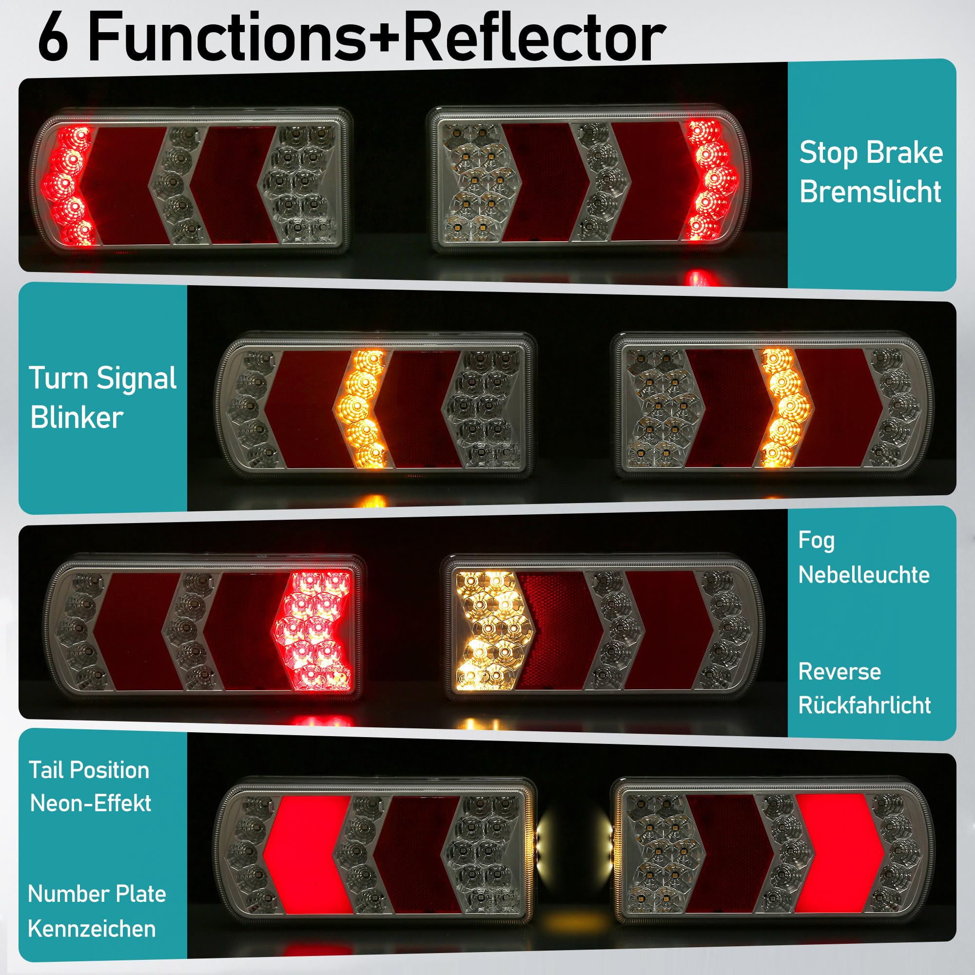 Pilotos Traseras Led Remolque Homologado 12V 24V Luces Traseros Faros Led Remolque de Caravana y Camion, Luz de Antinieblas/Intermitentes/Matrícula/Marcha-Atras con Reflector ECE IP67