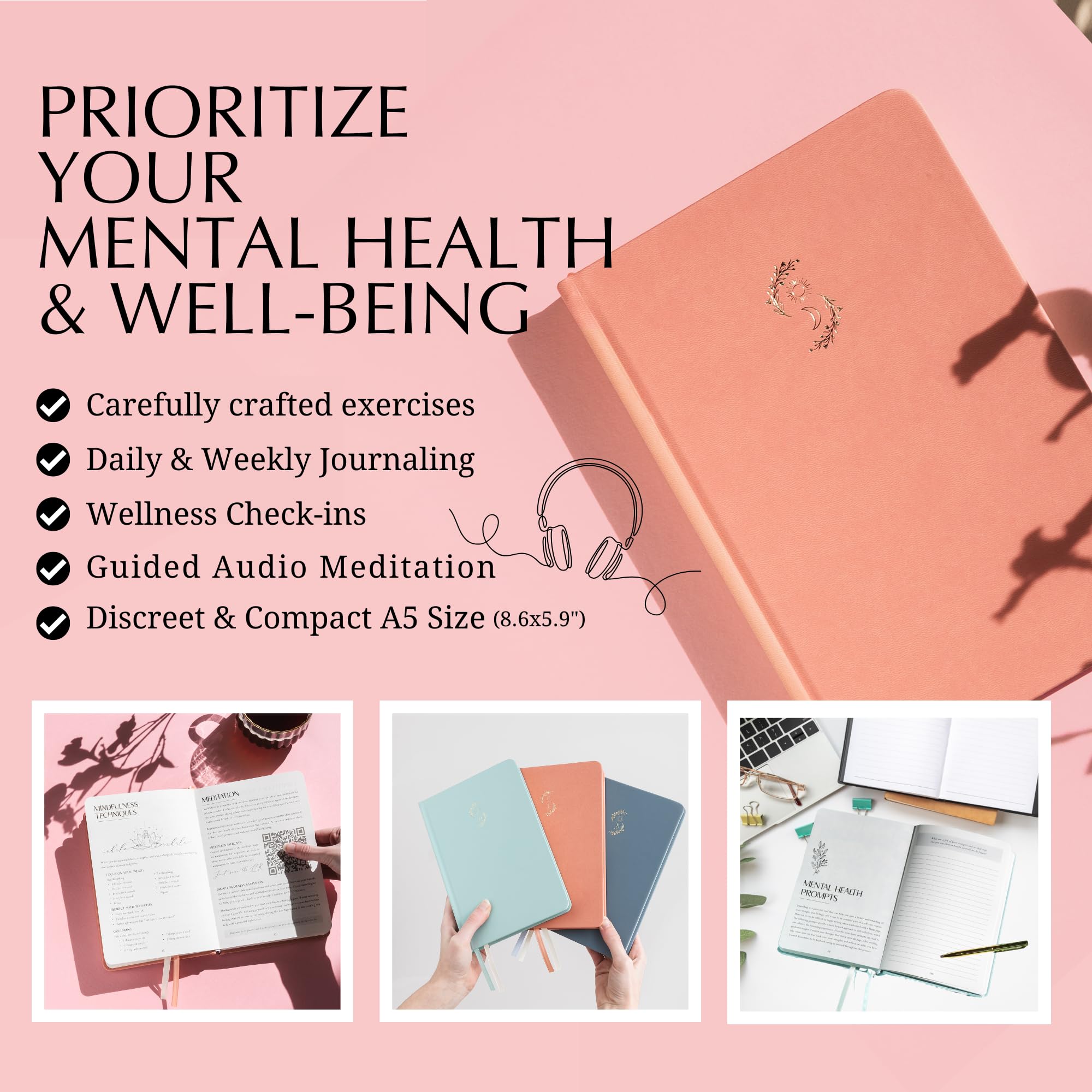 LIFTINSPIRE CO. FINDING BALANCE - Diario de salud mental – Diario diario de 6 meses con indicaciones para atención plena, cuidado personal y curación – Alivio de la ansiedad y la depresión – Tapa dura