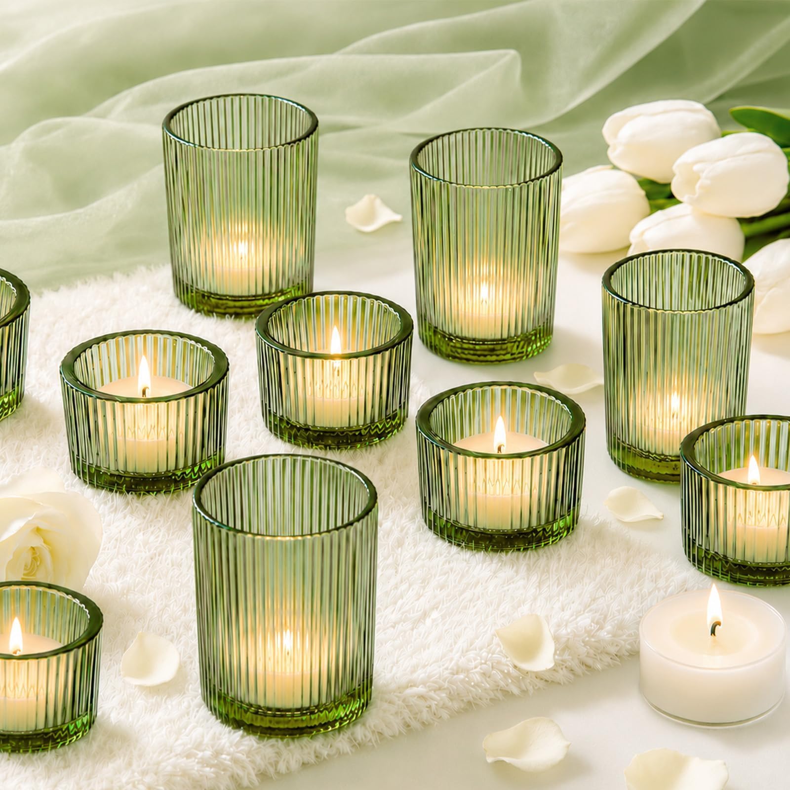 24 PCS Glass Tea Light Candle Holders 2 Size Bulk Green Tealight Holder
