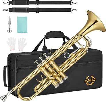 JAMELO Bb Standard Trumpet Set, Brass Trumpet Instrument for Student/Beginner with Carrying Case, 7C Mouthpiece, Cleaning Cloth and Gloves TP-100, Gold