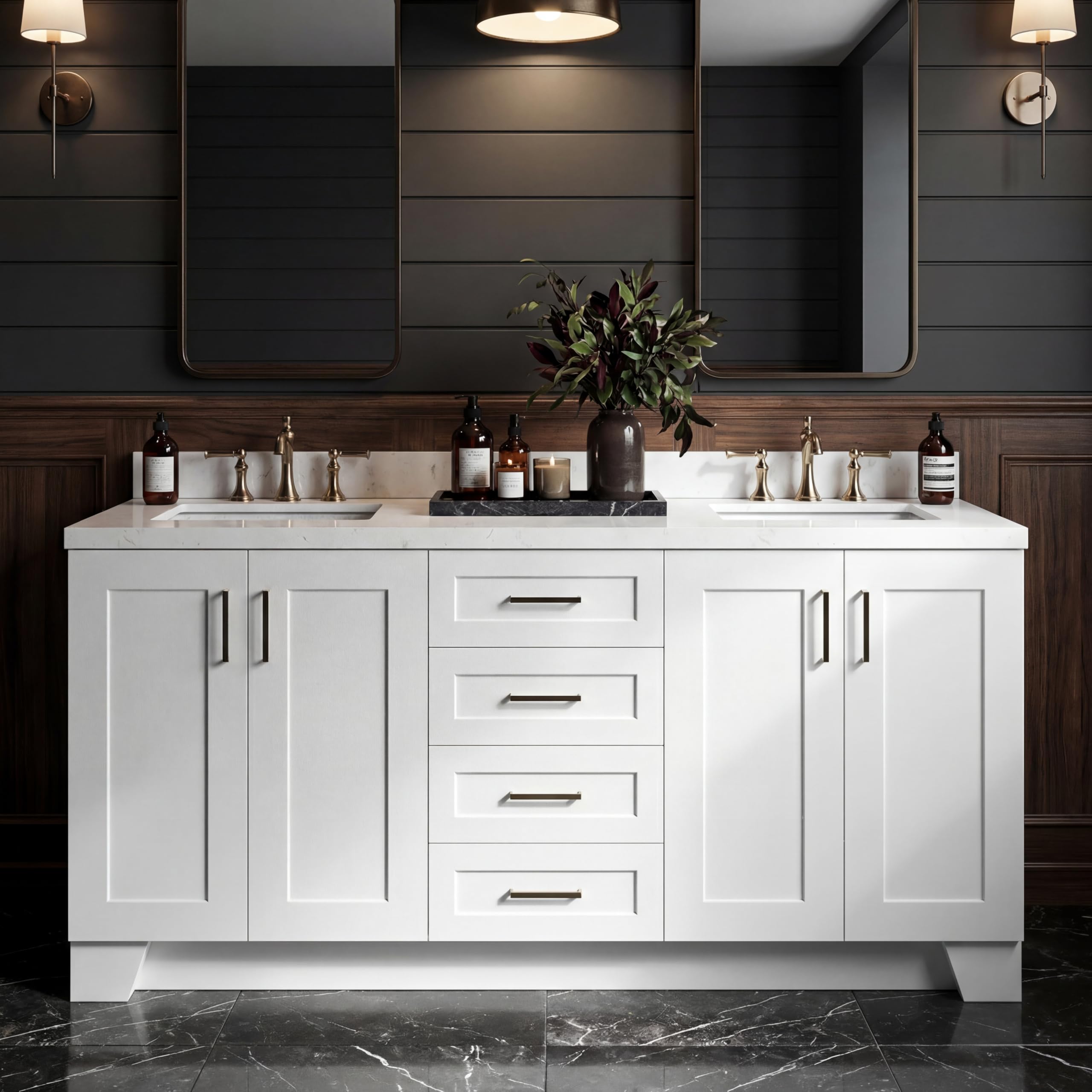 DKB Emilia 72 Inch Bathroom Vanity Double Sink — White Bathroom Vanity with Sink, 1.5" Edge Carrara White Quartz Countertop & Backsplash, 4 Soft-Close