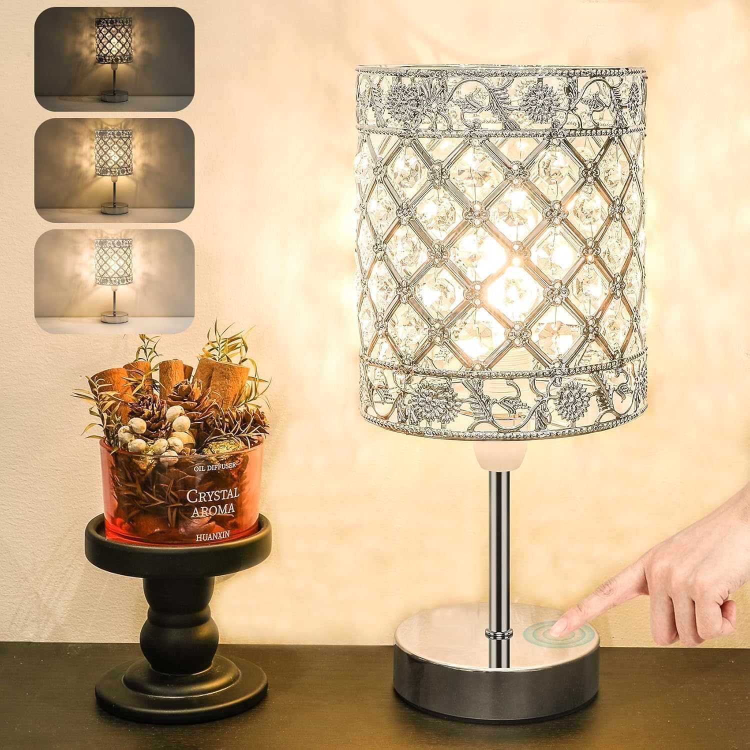 Aomeya Touch Control Crystal Table Lamp 3-Way Dimmable Bedside Lamps for Bedroom Living Room E14 Base Bulb Included — image 1