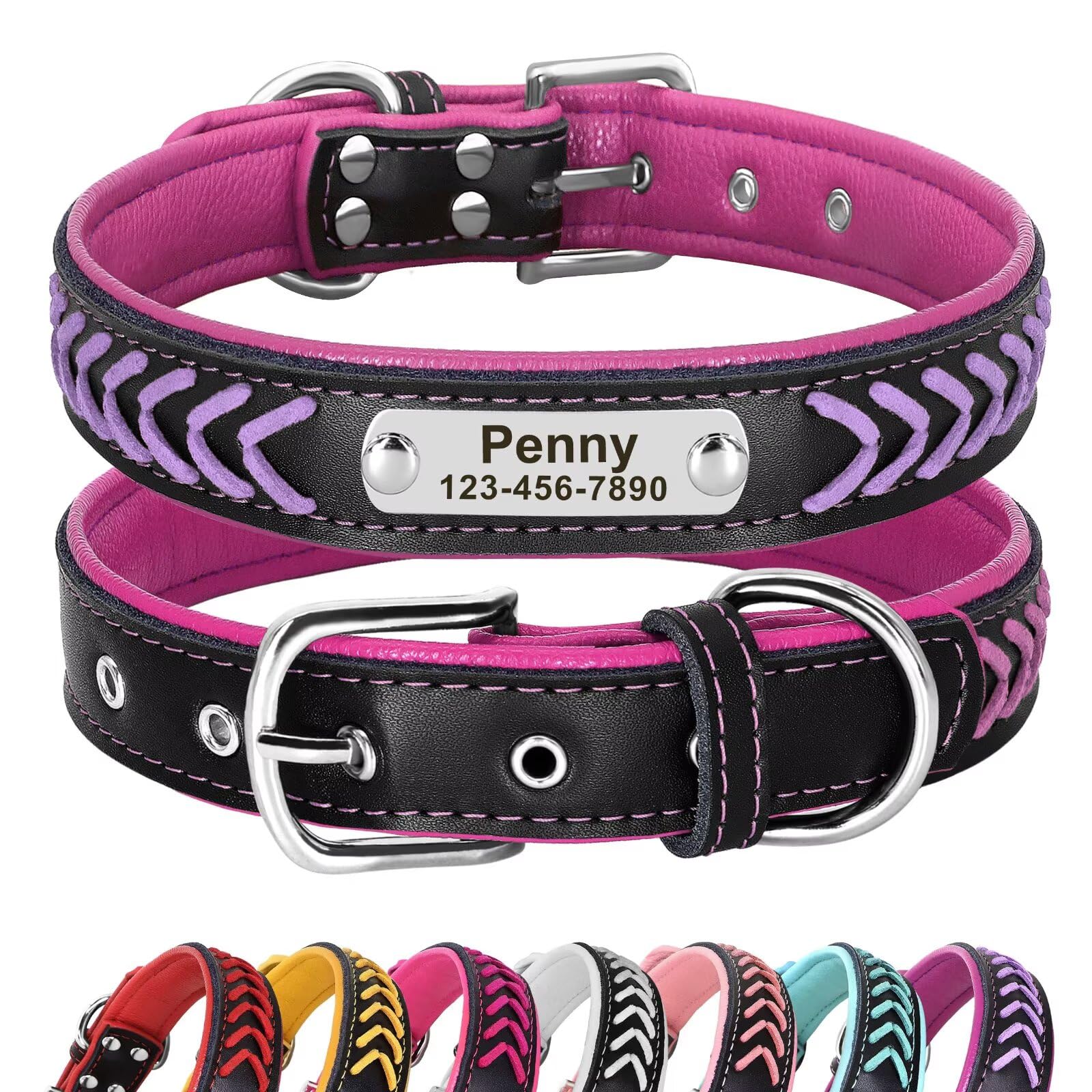Didog Personalized Leather Dog Collar, Braided Custom Leather Dog Collars with Engraved Nameplate for Small Medium Large Dogs, Purple, M