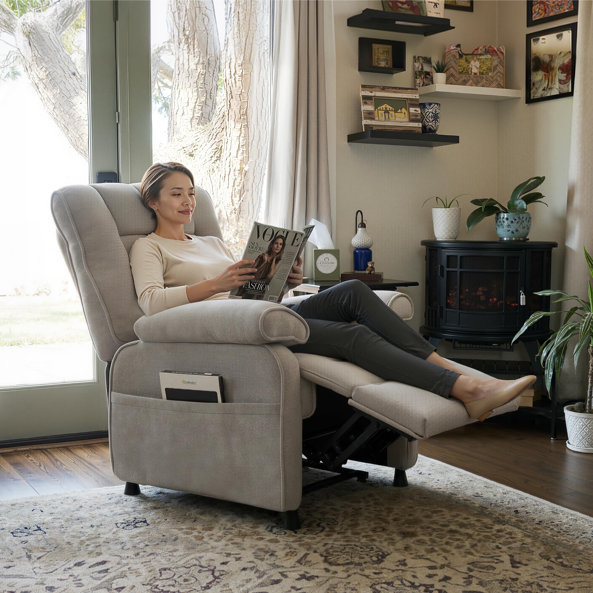 FLEXISPOT Elektryczny fotel relaksacyjny 95°–155° – 155°, uchwyt 150 kg, ergonomiczny fotel telewizyjny z podnóżkiem, regulowane oparcie, gruba wyściółka, kieszeń boczna, jasnoszary