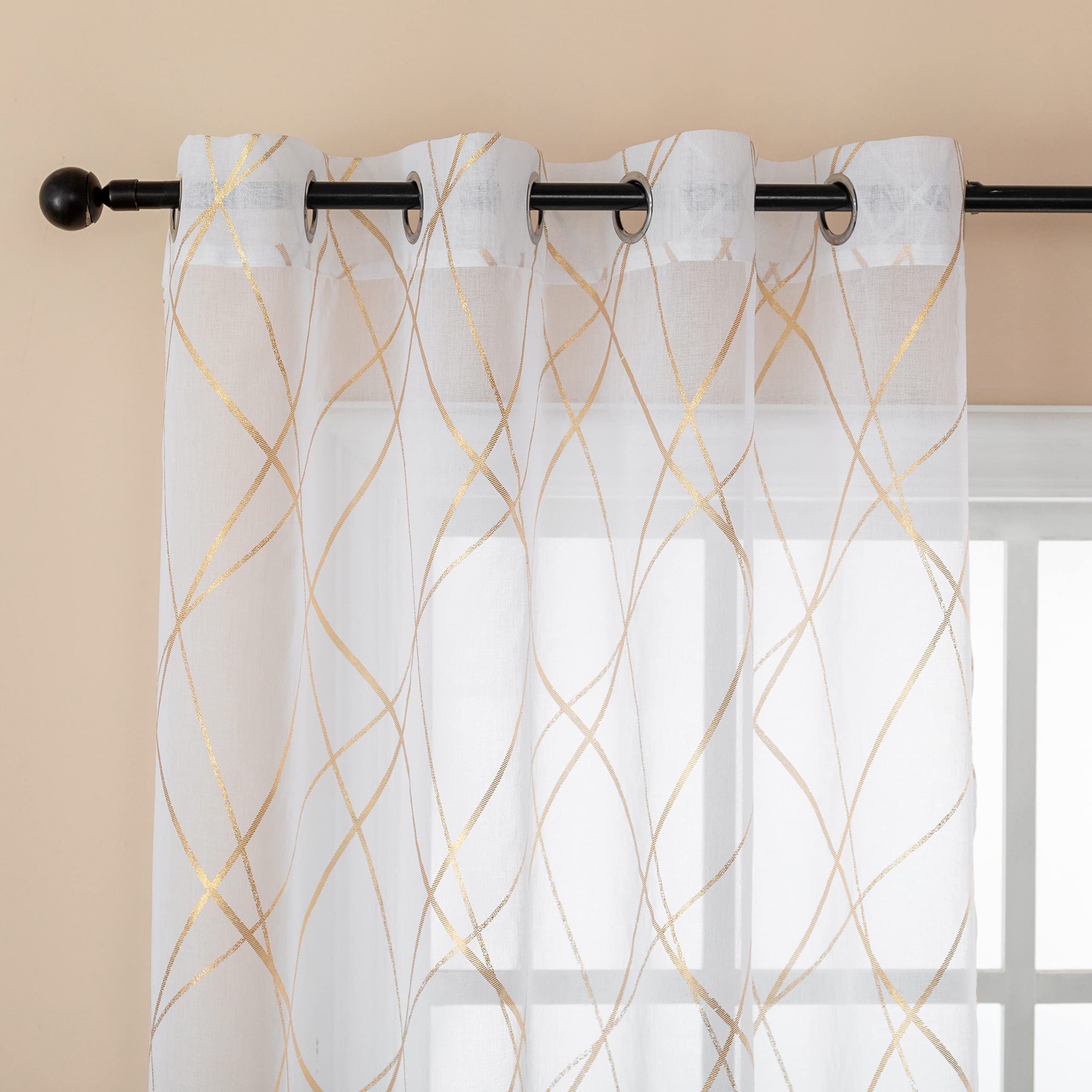 GIRASOLE HOME® Paire de rideaux en voile filtrant à motif géométrique doré, tenture blanche pour intérieur avec œillets, 2 panneaux (Géométrie or, 140 x 290 cm)