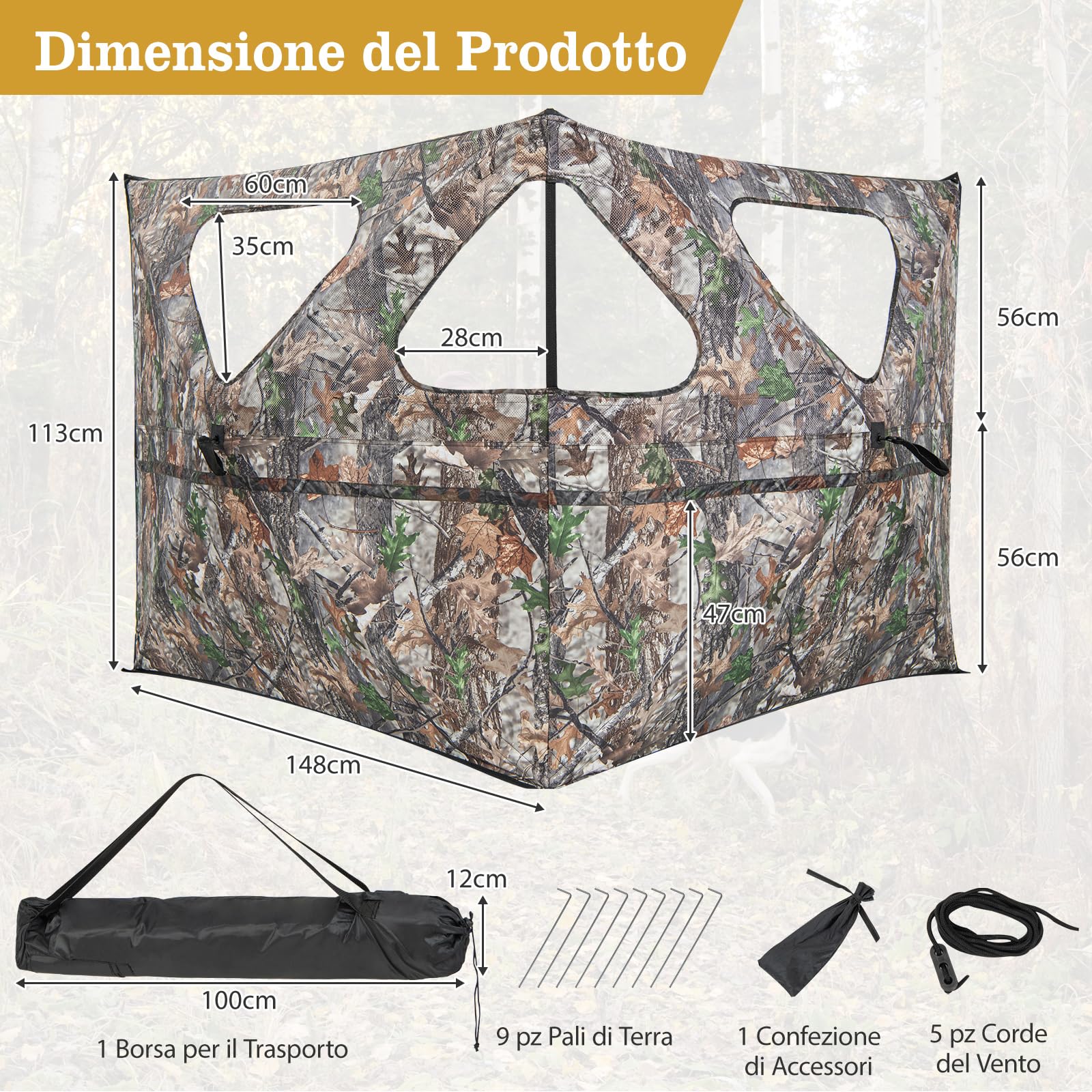COSTWAY Tenda da Caccia Trasparente a 360 Gradi Portatile, Tenda da Terra a 2 Pannelli con Borsa per Trasporto, Tenda da Caccia Mimetico per Caccia al Cervo