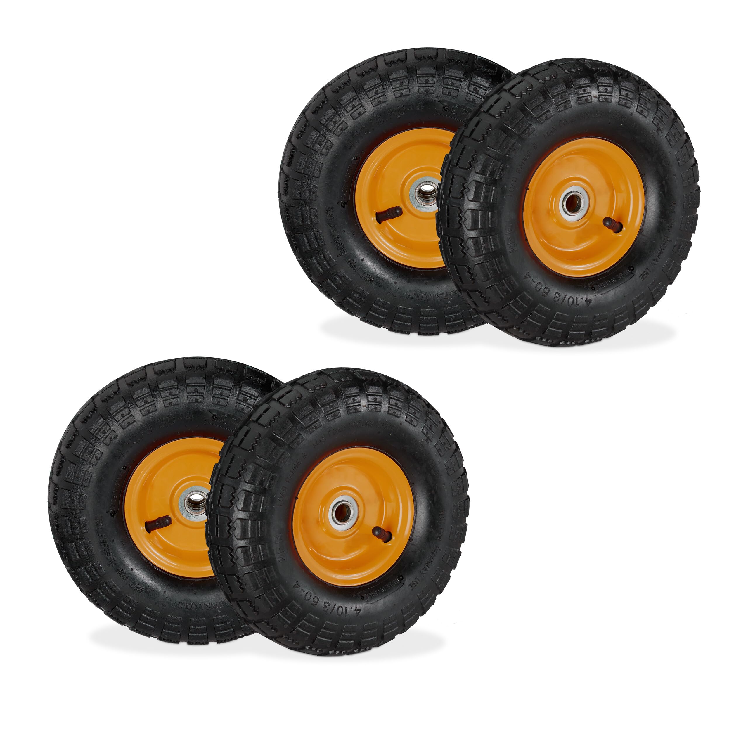 Relaxdays Lot de 4 Roues de Diable 4.10/3.50-4, pneus de Rechange, axe de 16 mm, 136 kg Max., 260x85 mm