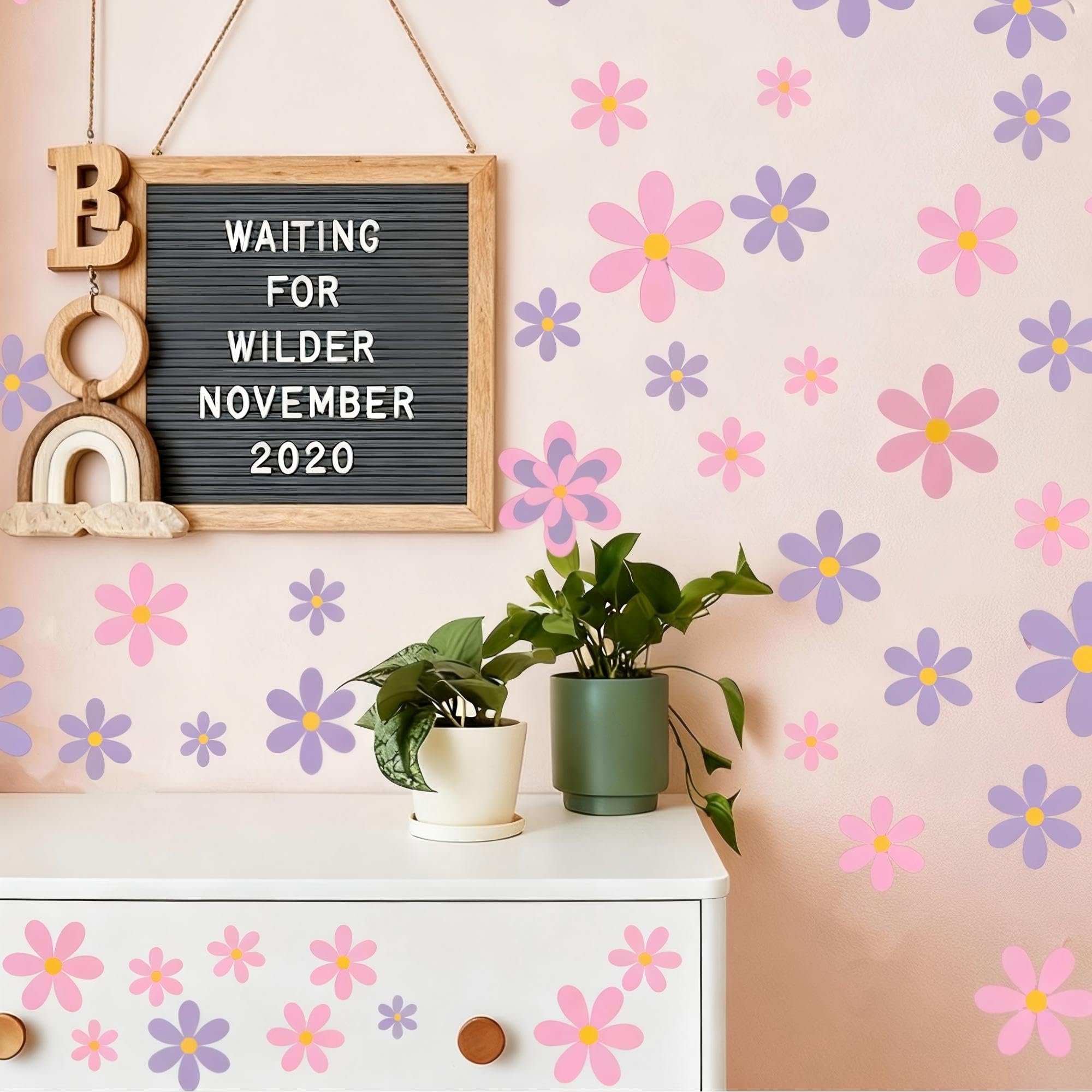 DWUENT 48PCS Daisy Wall Stickers, Floral Nursery Wall Decals, Self-Adhesive Removable Waterproof PVC Wall Art for Girls Bedroom, Kids Room, Classroom Decor