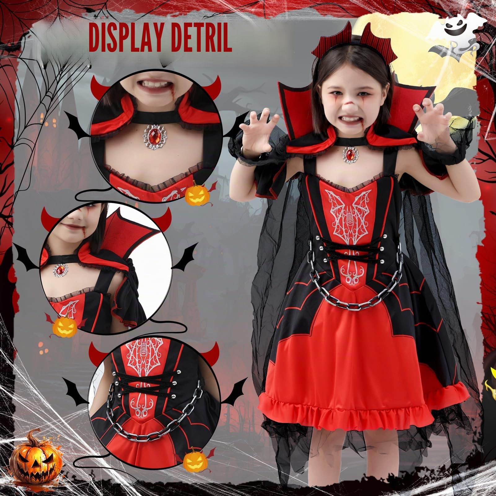 Halloween Costume da Vampiro per Bambina: Vestito da Regina di Vampira per Vestito Gioco di Ruolo Feste a Tema e Halloween