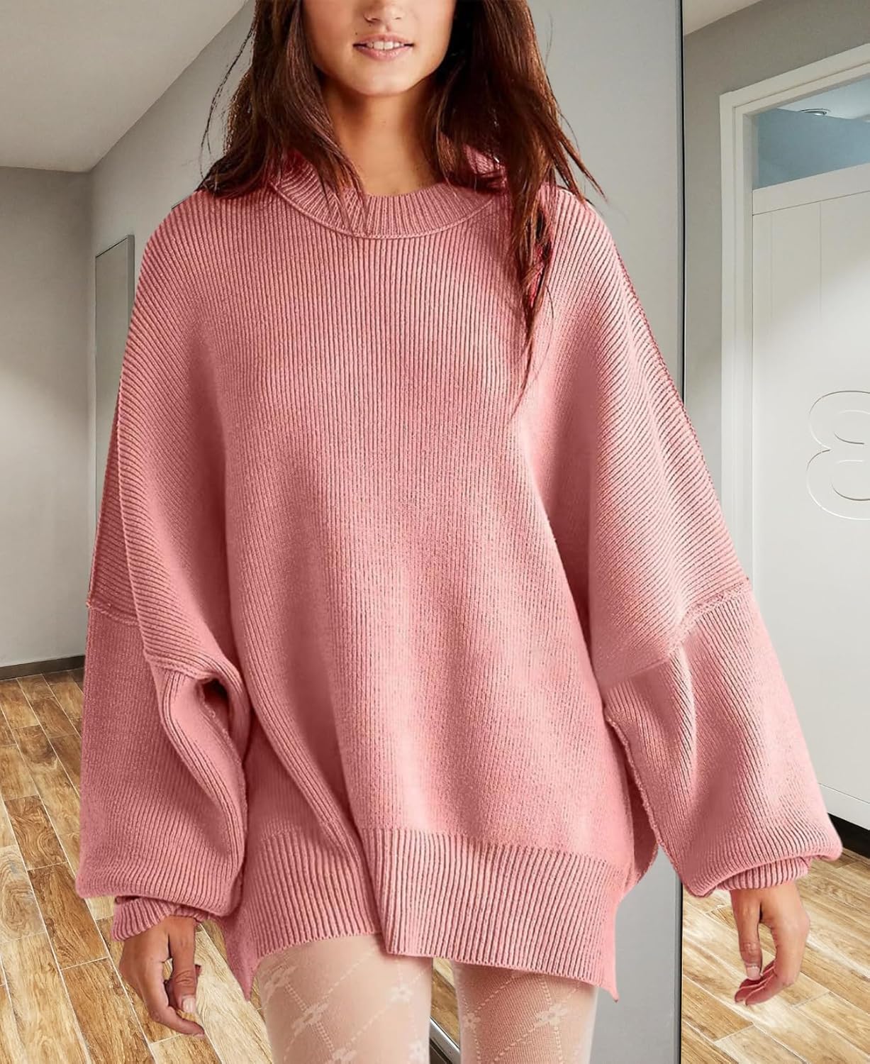Women's Batwing Sweater Oversized Knit Pullover with Side Slits Fall Casual Crewnec... - Image 5