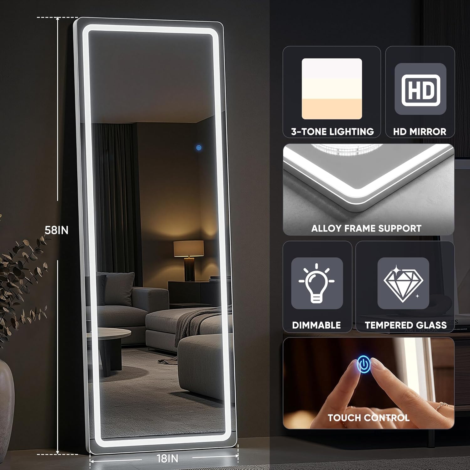 58"x18" Full Length Mirror with LED Lights, Dimmable Lighted Floor Mirror with 3 Color Lighting & Touch Control, Standing Wall Mounted Full Body Mirror, Tempered Glass for Bedroom, White