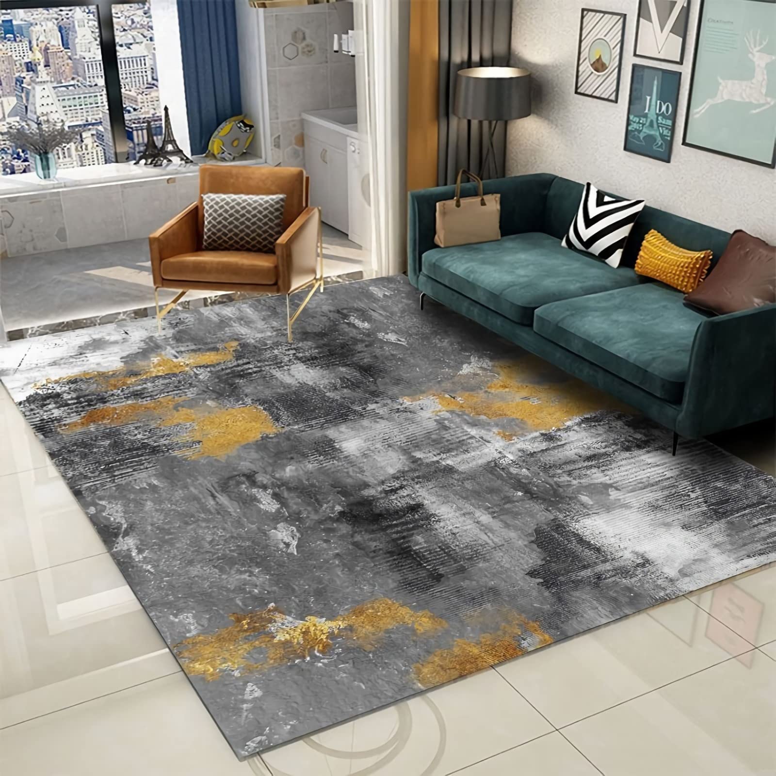 Tappeto tappeto scendiletto camera da letto,Tappeto Lavabile Antiscivolo Grigio Nero Giallo Inchiostro Design tappeto morbido,finto camino 60x90cm
