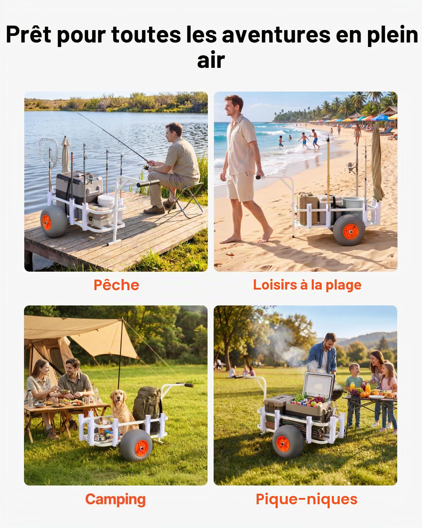 VEVOR Chariot de Pêche, Capacité de Charge 136 kg, Chariot de Transport Matériel de Pêche pour Plage Camping, Pneus Gonflables Tout-Terrain en PU 330 mm, Cadre en Alliage d'Aluminium, 8 Porte-Cannes