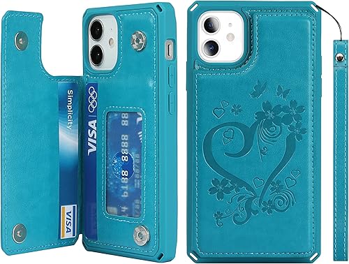 iCoverCase Funda compatible con iPhone 12 Mini Wallet con tarjetero para mujer, bloqueo RFID en relieve de piel sintética con correa de muñeca de