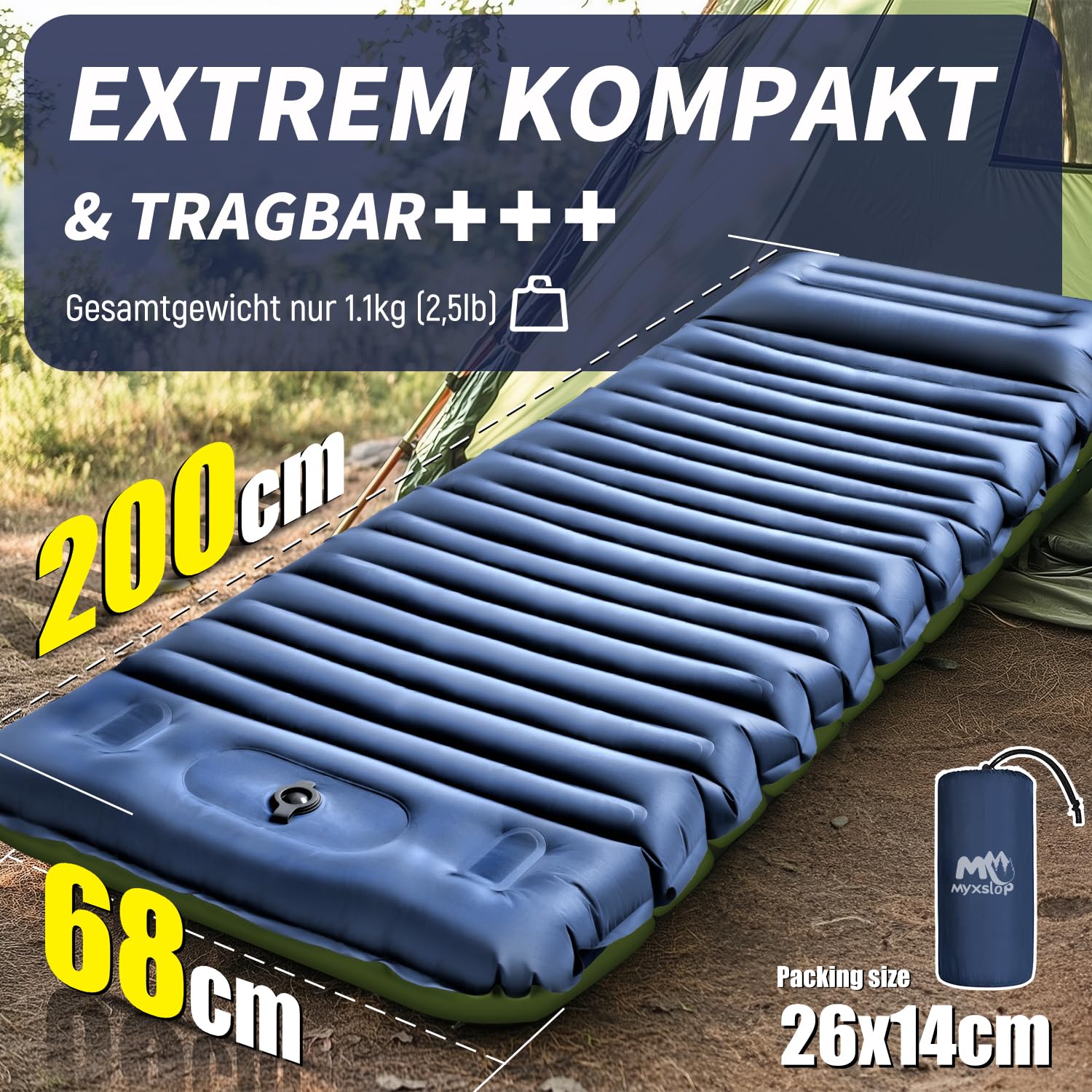 Myxslop Karimata kempingowa, samopompująca, 12 cm, pogrubiony materac, mały rozmiar po spakowaniu, wodoszczelny materac dmuchany na zewnątrz