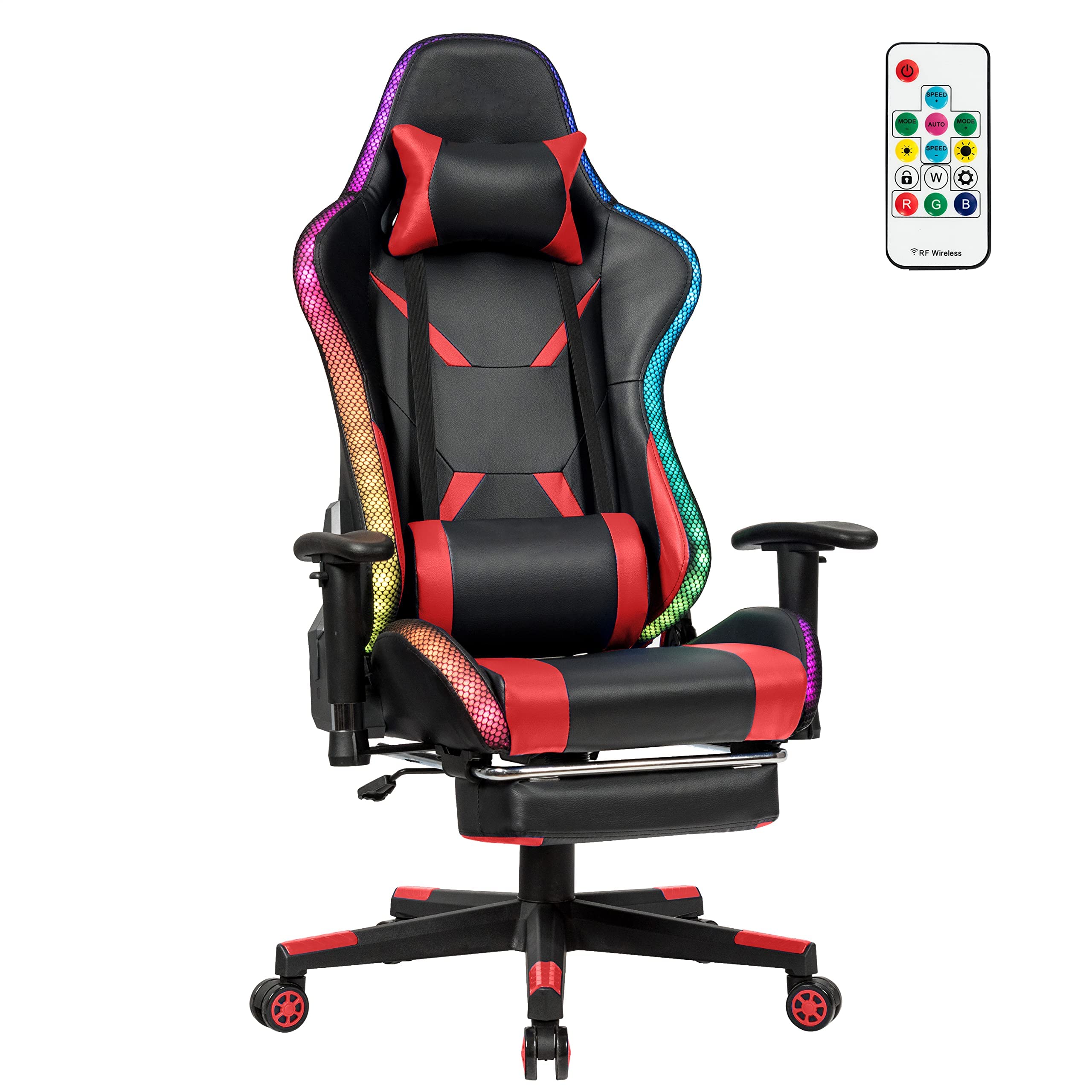 RELAX4LIFE Silla de Gaming profesional con LED, respaldo inclinable 90/155º con 2 cojines y reposapiés retráctiles, asiento elevable de gas y reposabrazos giratorios a 60º (rojo)
