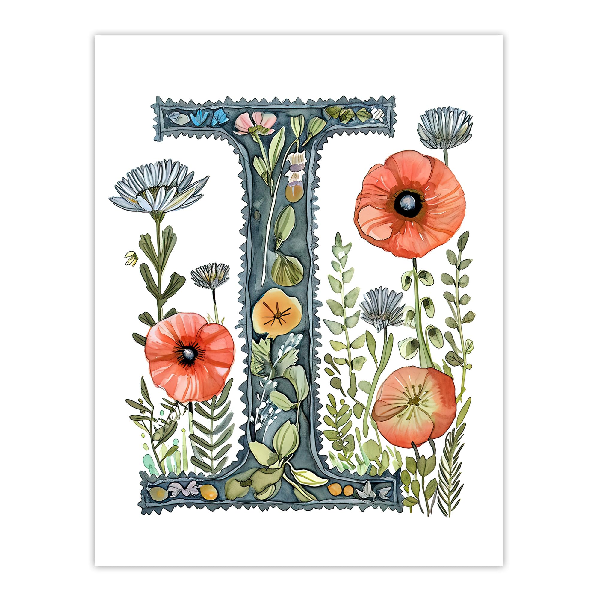 Artery8 Letter I in Watercolour Wildflowers Poppy Bouquet Floral Word Art For Her Birthday Mum Wife Woman Friend Large Wall Art Poster Print 18X24 Inch