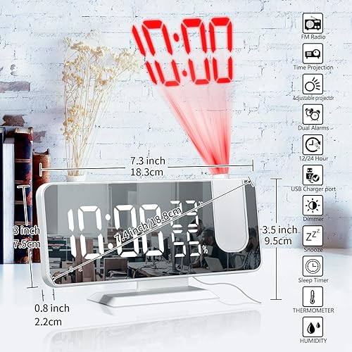 Miniatura 6 de Reloj despertador de proyección para dormitorio, reloj despertador digital con cargador USB, pantalla de espejo LED grande de 7.4 pulgadas, radio