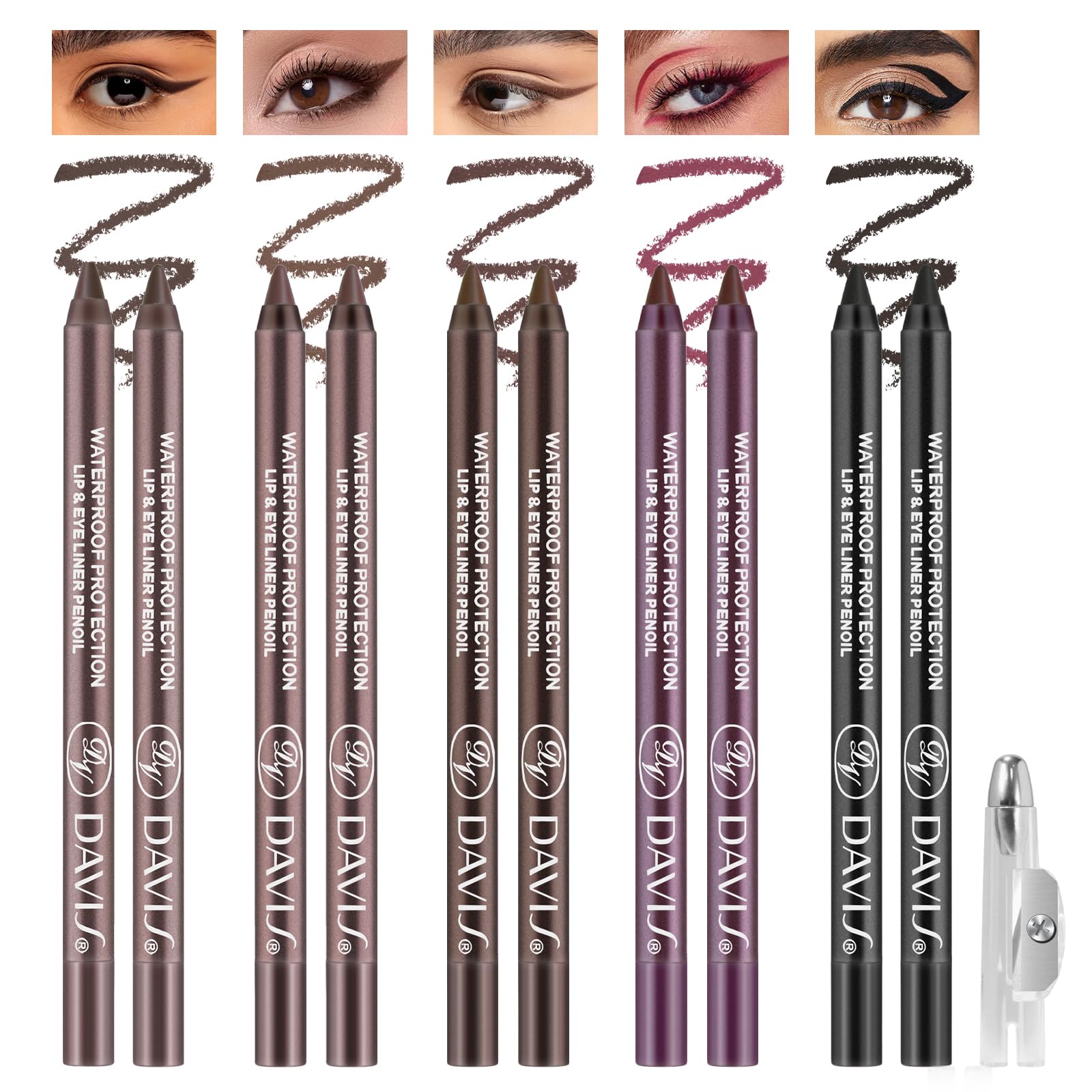 Noerrors 10pcs Brown Black Plum Gel Eyeliner Pencil Set, Waterproof Long Lasting Smudge Proof Creamy Waterline Eyeliner for Mature Eyes, Pigmented Matte Eyeshadow Stick for Older Women with Sharpener Set A