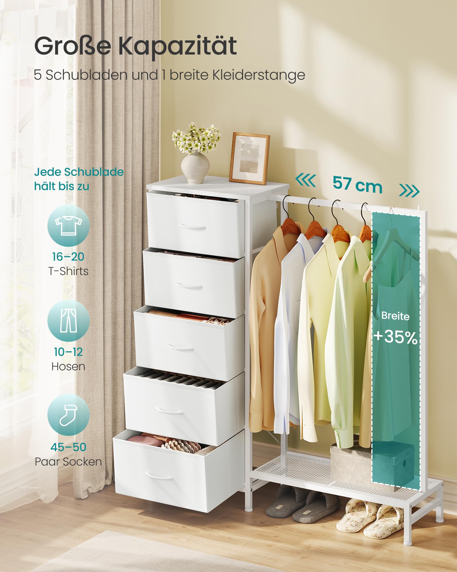 SONGMICS Kommode mit 5 Stoff Schubladen und Kleiderstange, Garderobenständer mit Kleiderstange und Schuhablage, 96,2 x 30 x 117,7 cm, für Schlafzimmer, Flur, Wolkenweiß LGS423W101