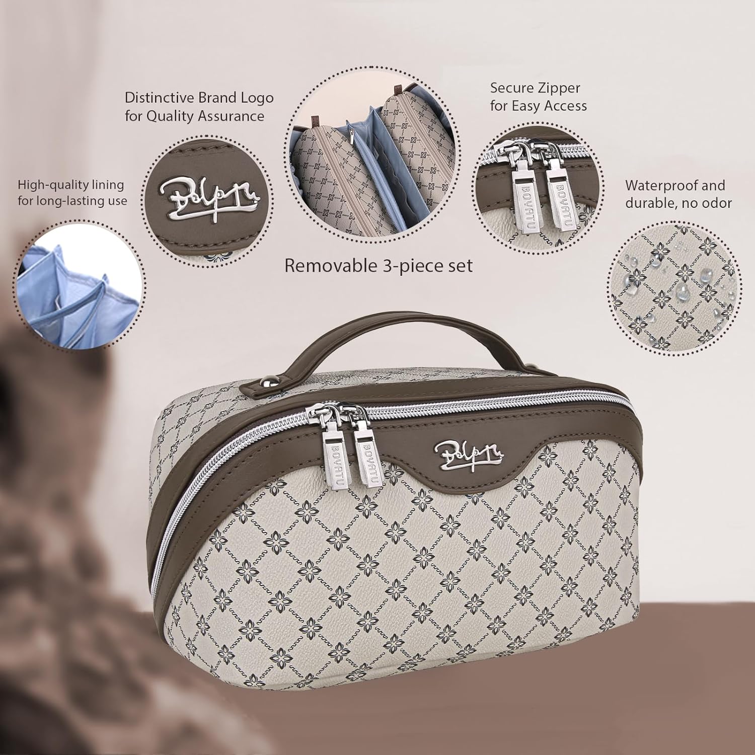 BOYATU Travel Makeup Bag Cosmetic Bags for Women: 3 Pcs Set Large Portable Make up Bag with Handle - Vegan Leather Toiletry Bags with Compartments - Makeup Organizer for Travel Essentials(A-3-Khaki) - Image 2