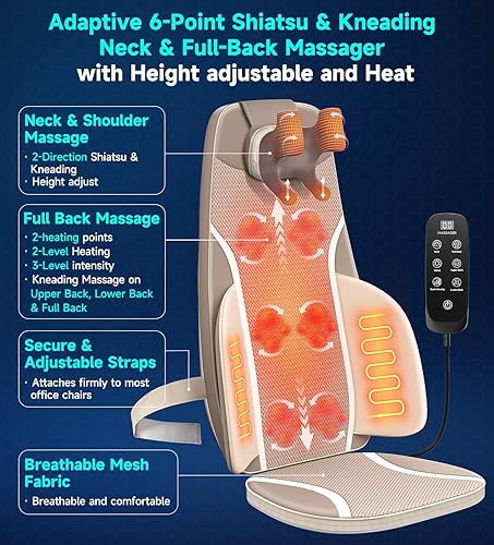 Miniatura 3 de Flekzo Masajeador de espalda para silla con calor, masajeador Shiatsu de cuello y espalda con rodadura, almohadilla para silla de masaje para dolor,