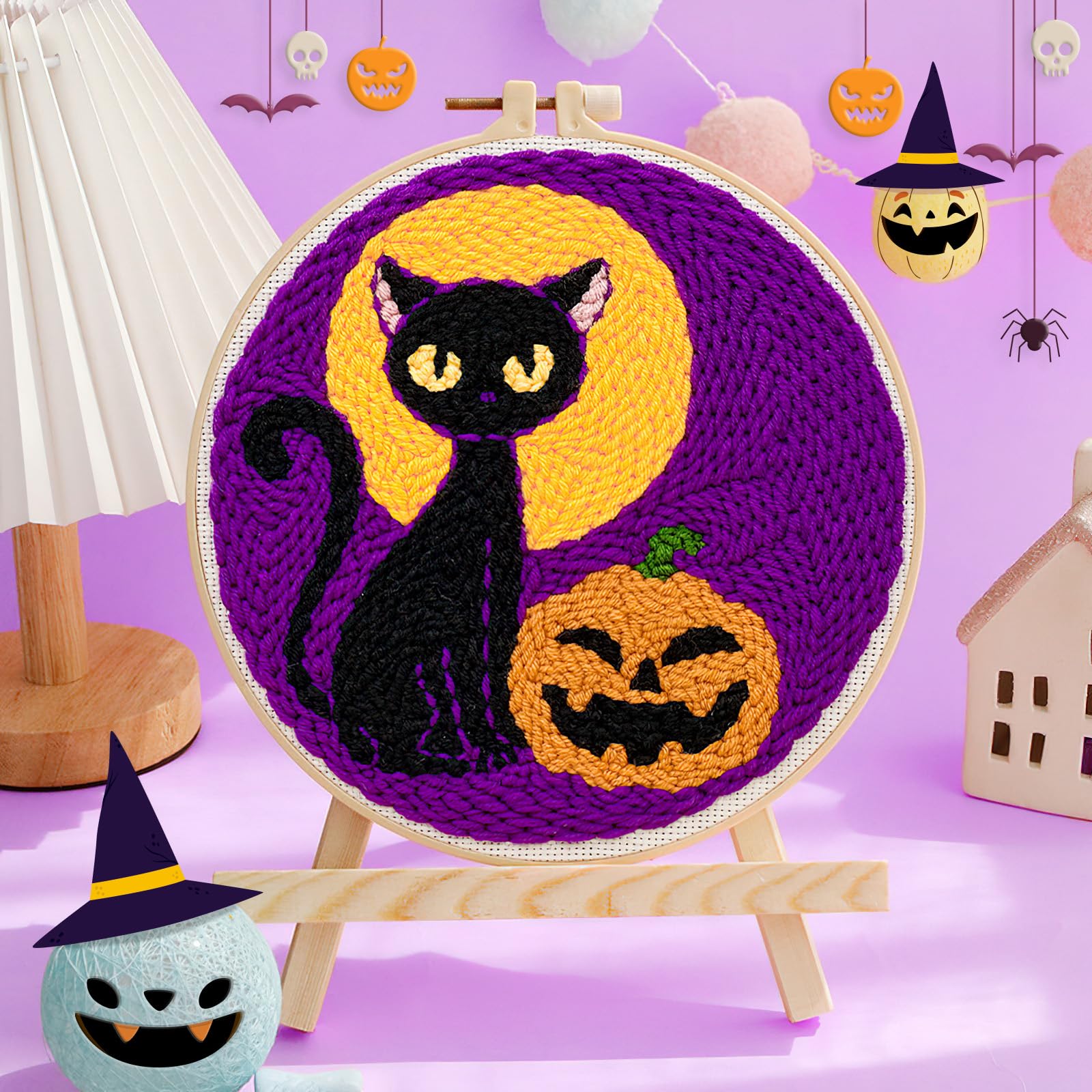 Kit Punch Needle Halloween – Motif Chat Noir, Débutants, Broderie DIY, Décoration De Fête