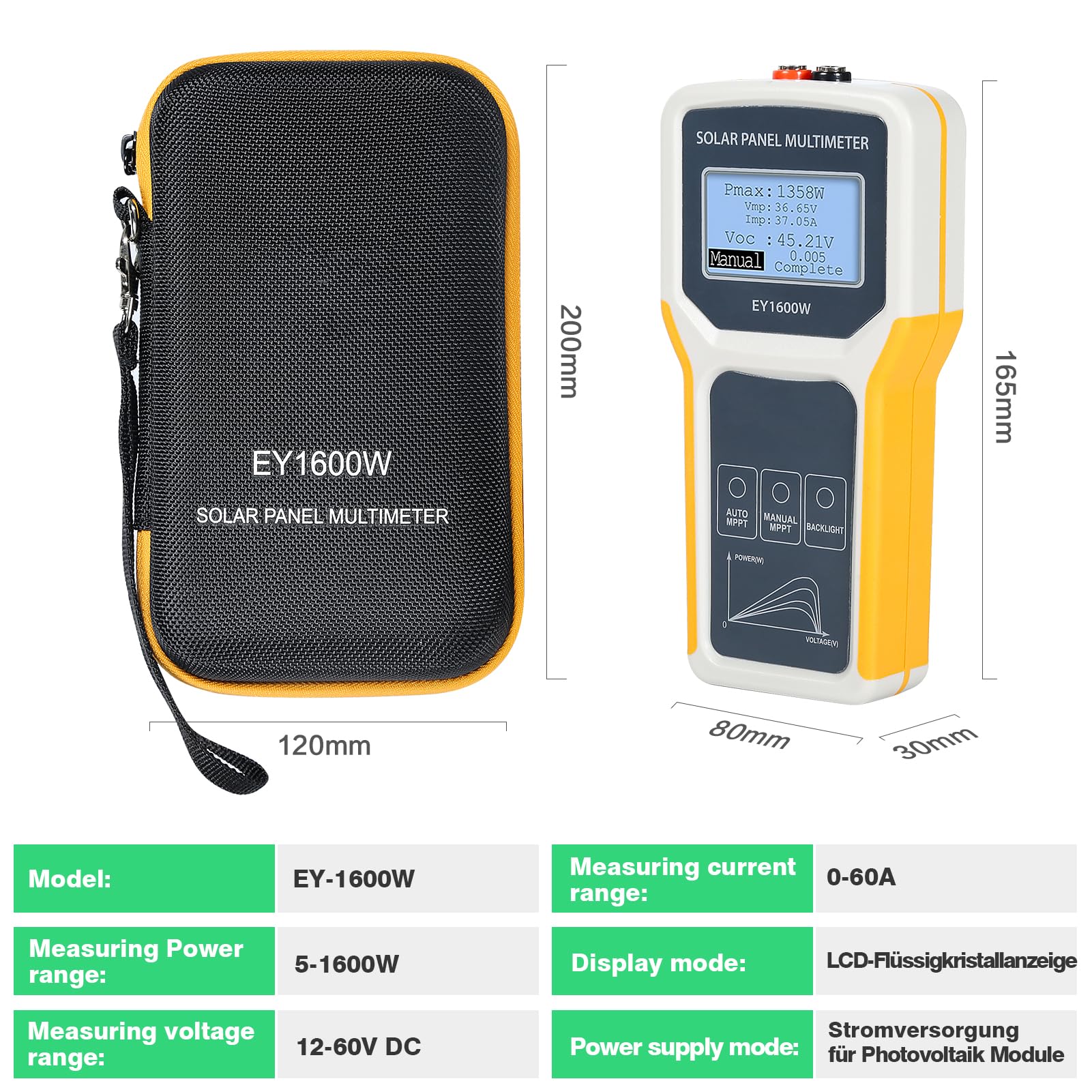 BuyWeek Testeur MPPT de Panneau Solaire EY1600W Multimètre de Panneau Solaire Photovoltaïque avec Écran LCD Aucune Alimentation requise, pour Panneau Solaire Tous Types, Protection Surintensités