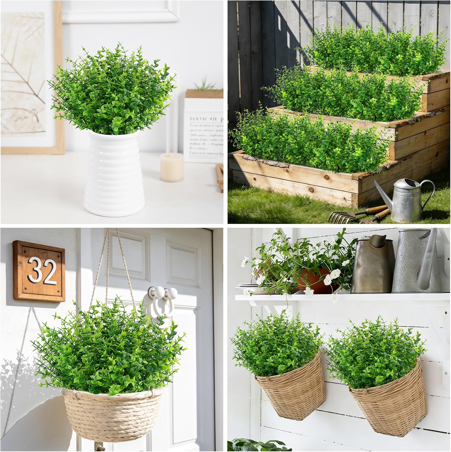 24 Bundles Artificial Greenery Stems Plants for Outdoors, Faux Eucalyptus Plants UV Resistant Fake Boxwood Shrubs Flowers for Outside Spring Summer Porch Window Garden Planter Home Decor