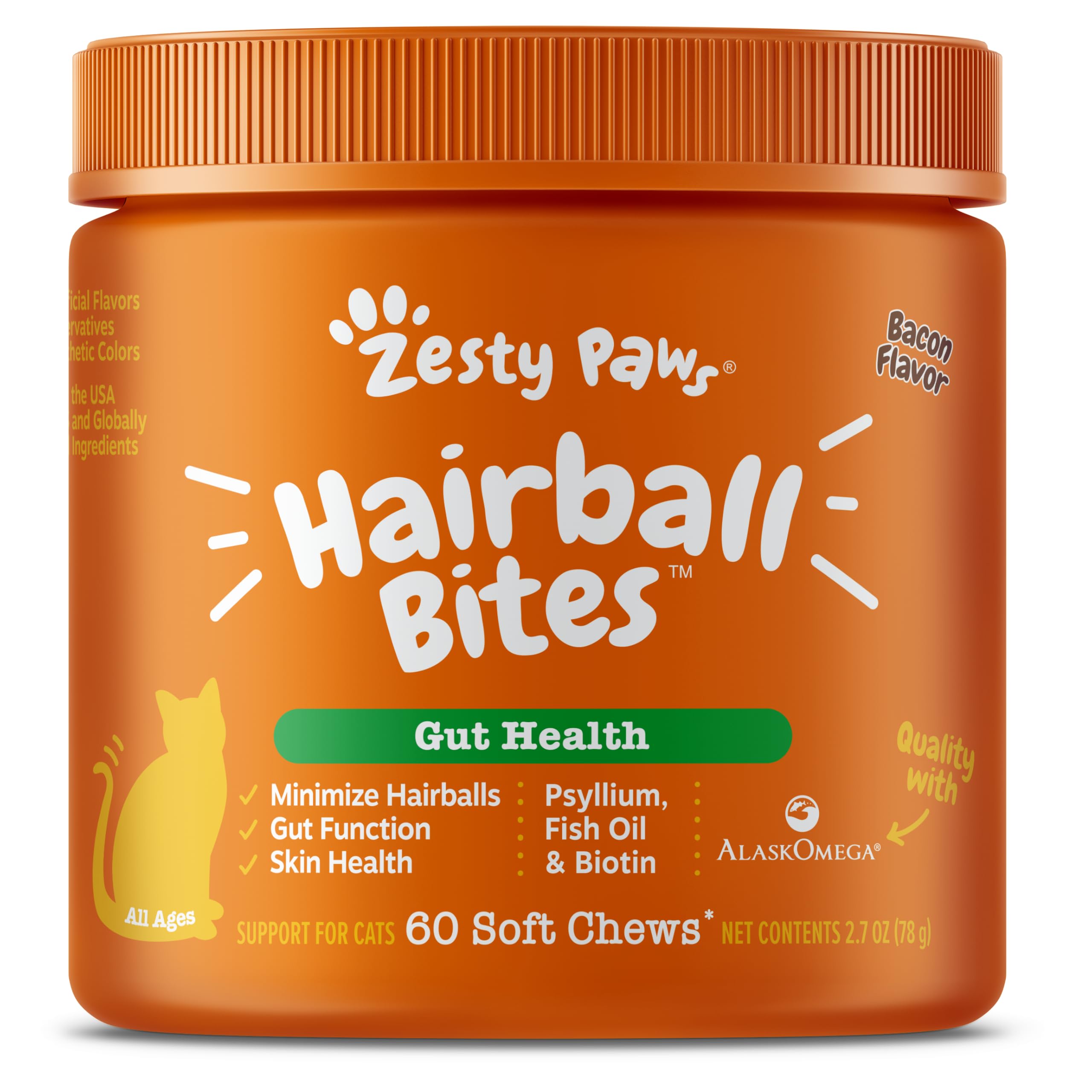 Hairball Bites for Cats - Cat Furball Support - Functional Supplement with Omega 3 Fish Oil EPA & DHA + Zinc, Biotin & Psyllium Husk - Supports Gut & Skin Health - 60 Count