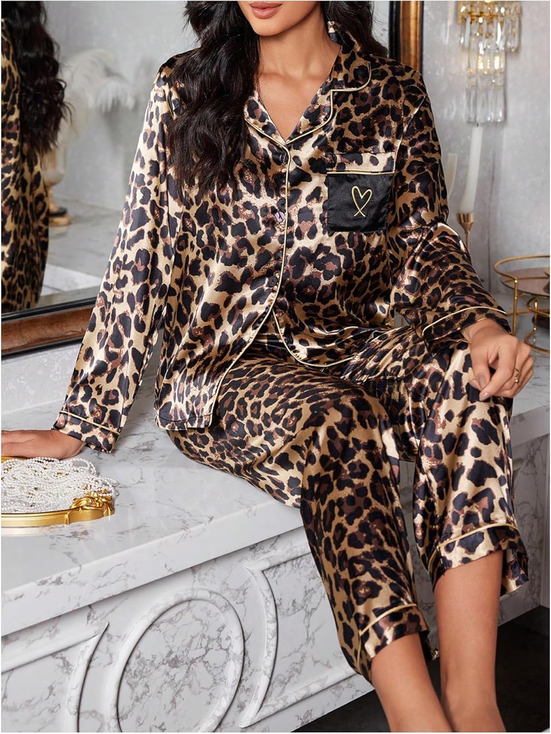 SHENHE Women's 2 Piece Satin Pajama Set Leopard Long Sleeve Button Down Pj Pants Set Loungewear - Image 4