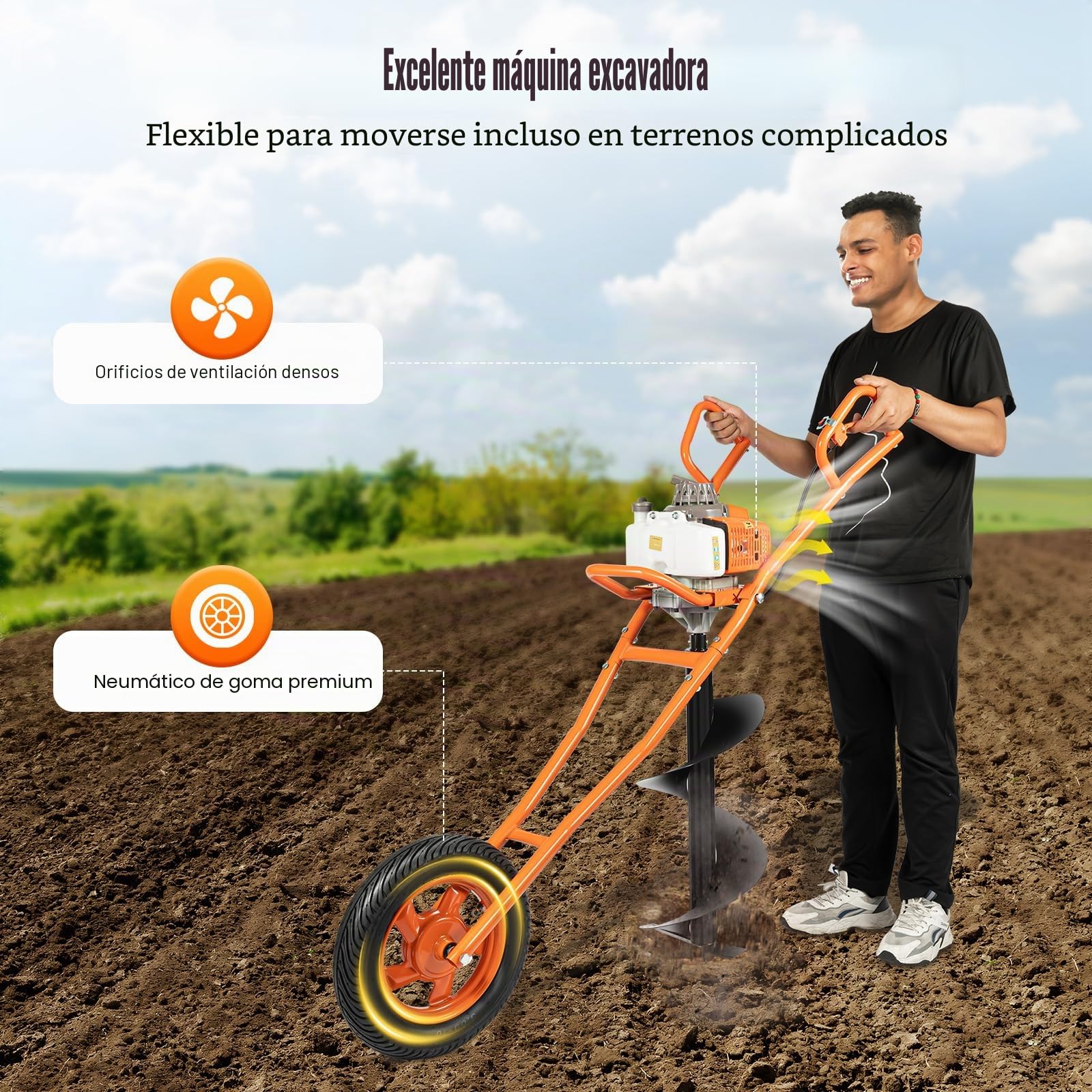 Broca de tierra de gasolina de 2 tiempos, 63 CC, 2,2 kW, con ruedas, taladro de gasolina, taladro de tierra de 300 mm de diámetro, para carretilla, color naranja