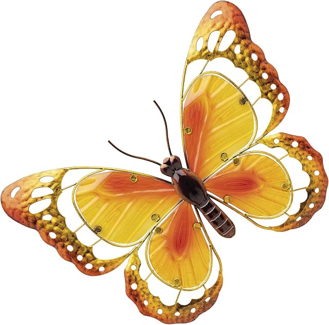 Thompson & Morgan Large Metal Butterfly Garden Wall Art with Colourful Glass Decoration, Dimensions L44 x W2.5 x H34cm (Blue & Purple) (Yellow & Orange)