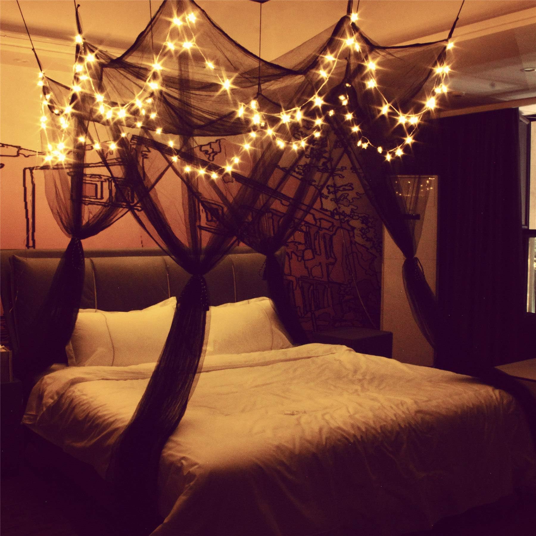Comtelek LED Star Light Bed Canopy with Mosquito Net, 8 Corner Post, 4 Door Square, Black, Suitable for Twin, Full, Queen, or King Size Bed