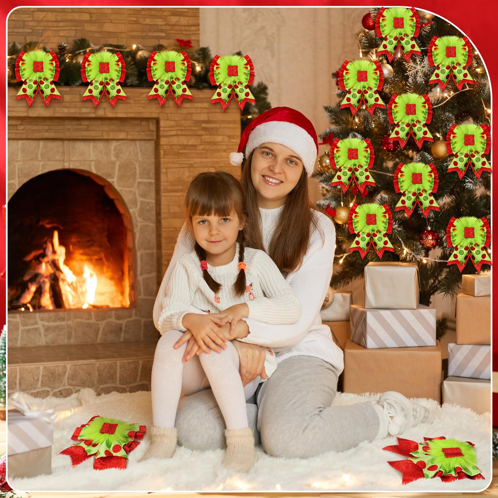 Knitgrip 12 lazos rojos y verdes para árbol de Navidad, coronas de Navidad de 8.66 pulgadas, lazo de terciopelo para decoración de árbol de Navidad con adornos verdes esponjosos para fiesta de Navidad