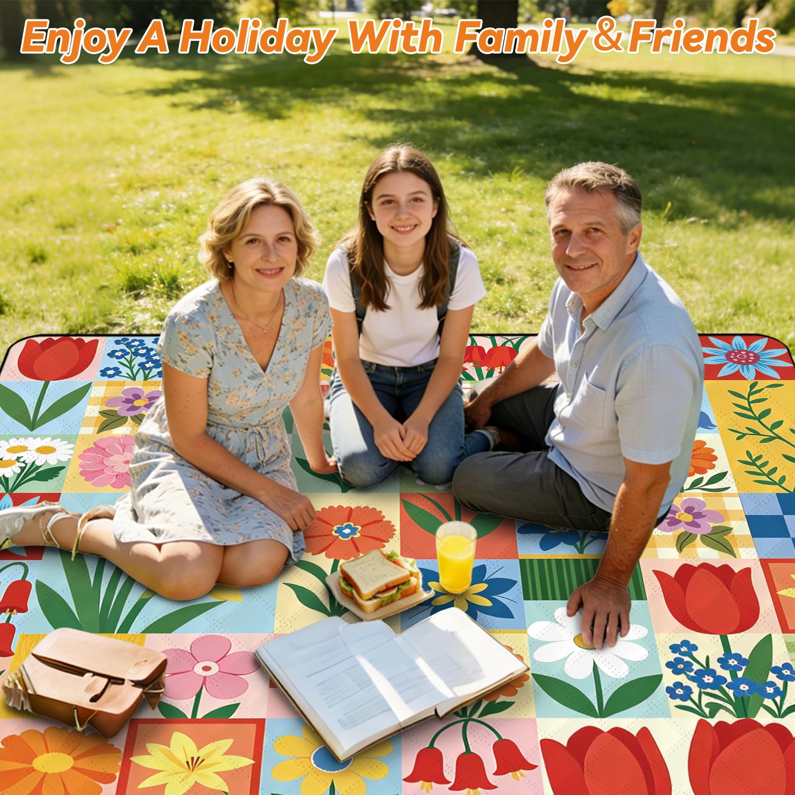 MAYJOYDIY Couverture de Pique-Nique Extra Grande Florale 2x2m Couverture de Plage imperméable à Fleurs de Papillon Pissenlits Tulipes Tapis de Pique-Nique Pliable avec Sangle de Transport