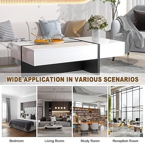 Miniatura 5 de Merax Mesa de centro rectangular contemporánea, superficie moderna de alto brillo, muebles de sala de estar, blanco y negro