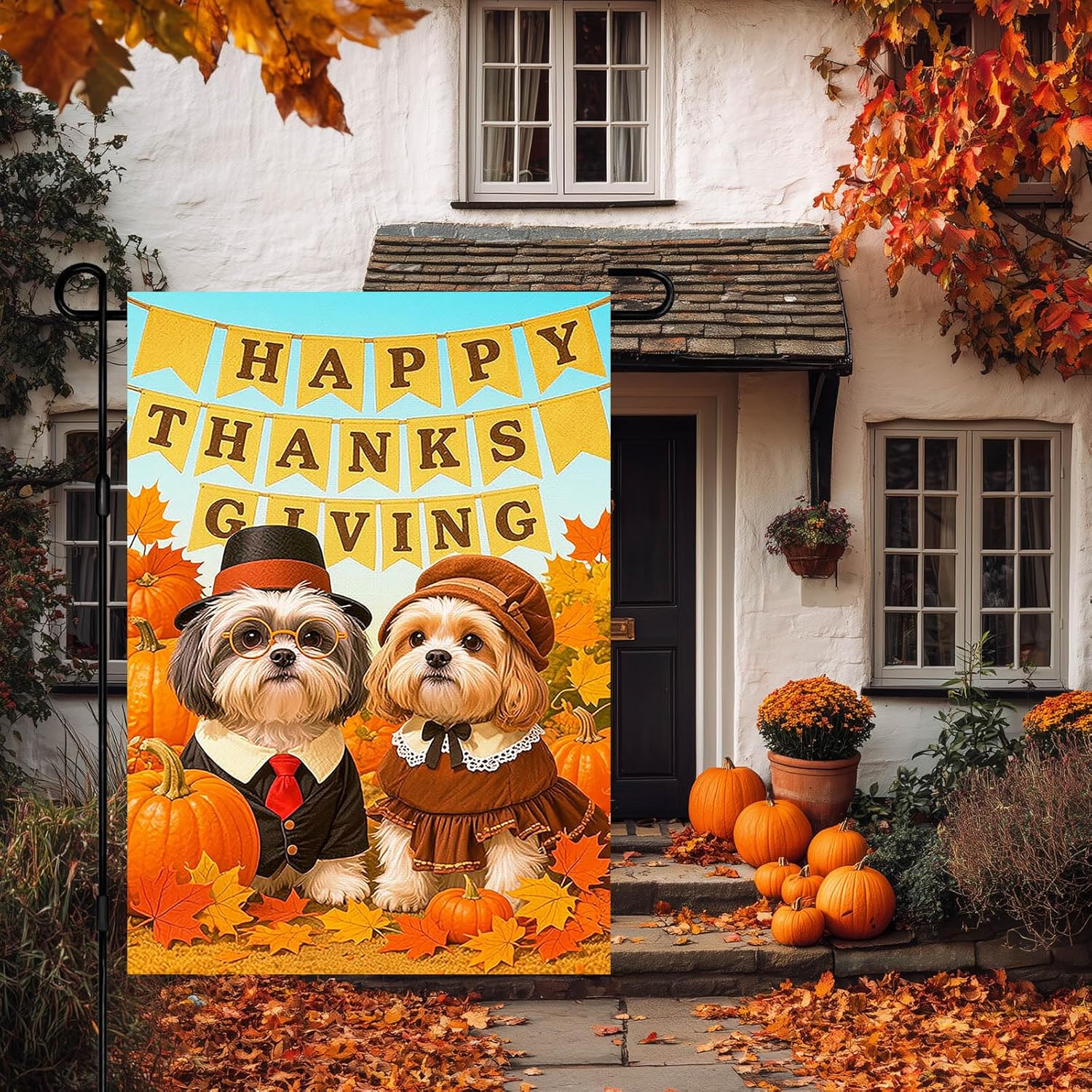 IVN Happy Thanksgiving Garden Flag 12x18 Inch Double Sided Dog Shih Tzu Pumpkin Pilgrim Harvest Outdoor Fall Yard Flag for Outside Home Front Door Lawn Porch Patio Farmhouse Welcome Decor - Image 5