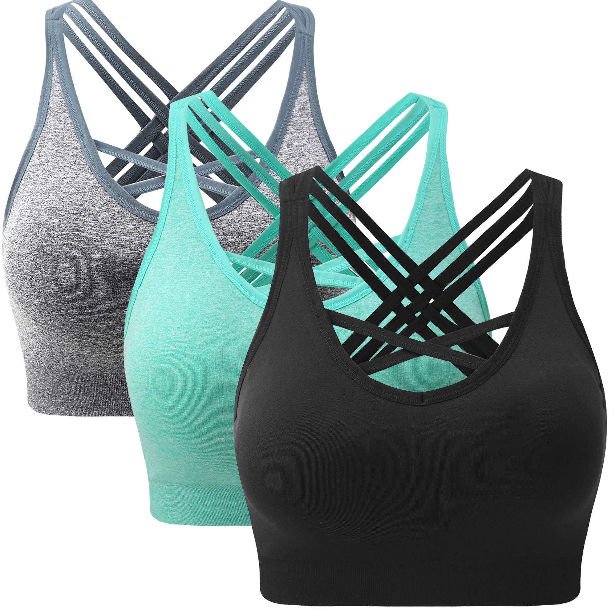 ANGOOL Padded Sports Bra Wirefree Mid Impact Yoga Bras Unique Cross Back Strappy for Gym Yoga