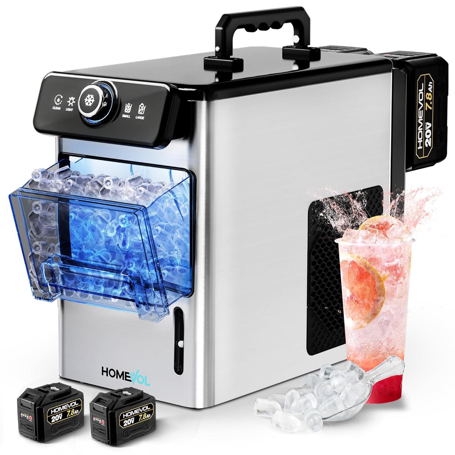 Cordless Portable Ice Maker, 2*20V 7.8Ah Rechargeable Battery Powered Countertop Ice Machine with scoop, 6 Cubes in 6-8 Mins, 2 Ice Sizes, Auto Self-Cleaning, for Home, Kitchen, Camping, RV & Outdoor