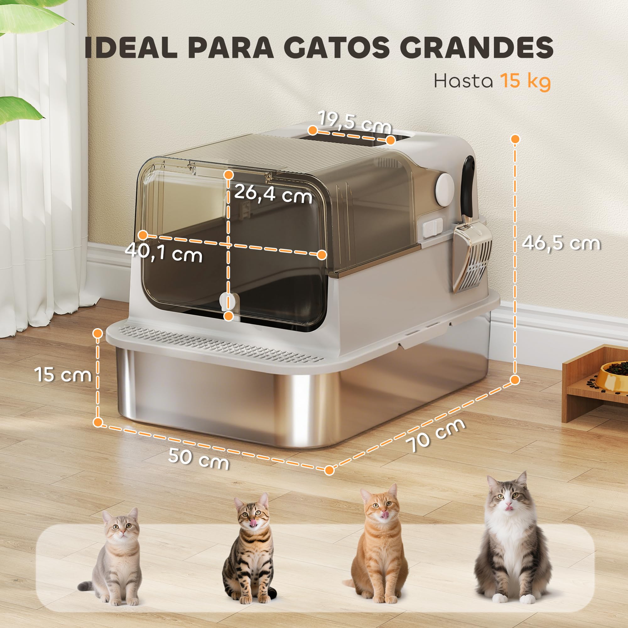 PawHut Arenero para Gatos de Acero Inoxidable XXL para Gatos Grandes Gris | Caja de Arena, Tapa Abatible, Laterales Altos, Entrada Superior, Pala, sin Olores, Fácil de Limpiar, Antifugas