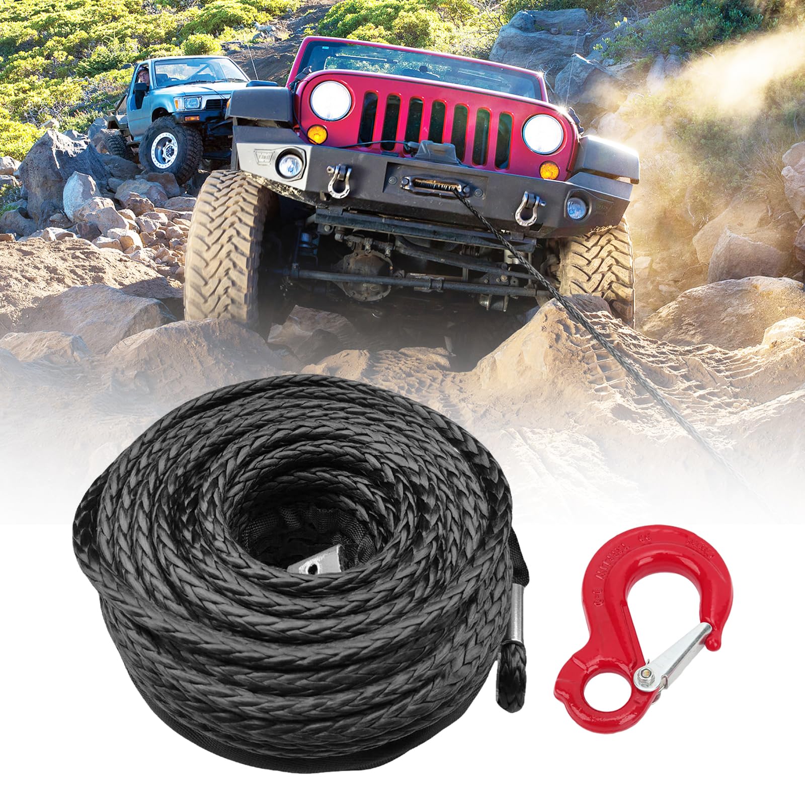 Cuerda de Remolque para Coche, Cabestrante 15m Largo 8mm Diámetro Cuerda Sintética de 12 Hilos 6000kg / 13228 Libra Cuerda de Plástico Cuerda de Remolque con Gancho Metálico para SUV ATV UTV, Negro