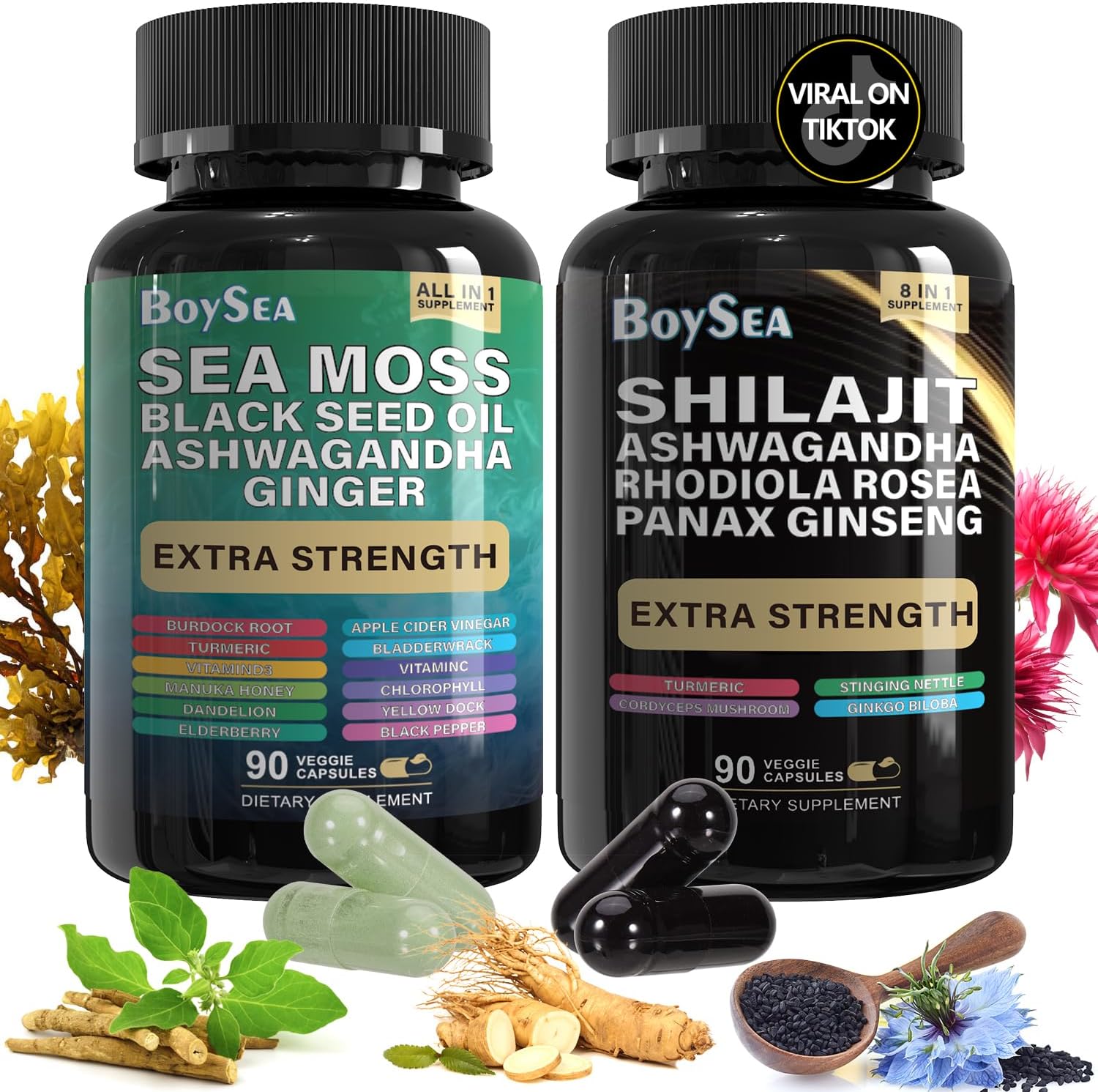 Boysea.Shilajit and Sea Moss Bundle- 90 Count - Sea Moss, Black Seed Oil, Ashwagandha, Ginger & Shilajit, Rhodiola Rosea, All in 1 Supplements (1 Pc)